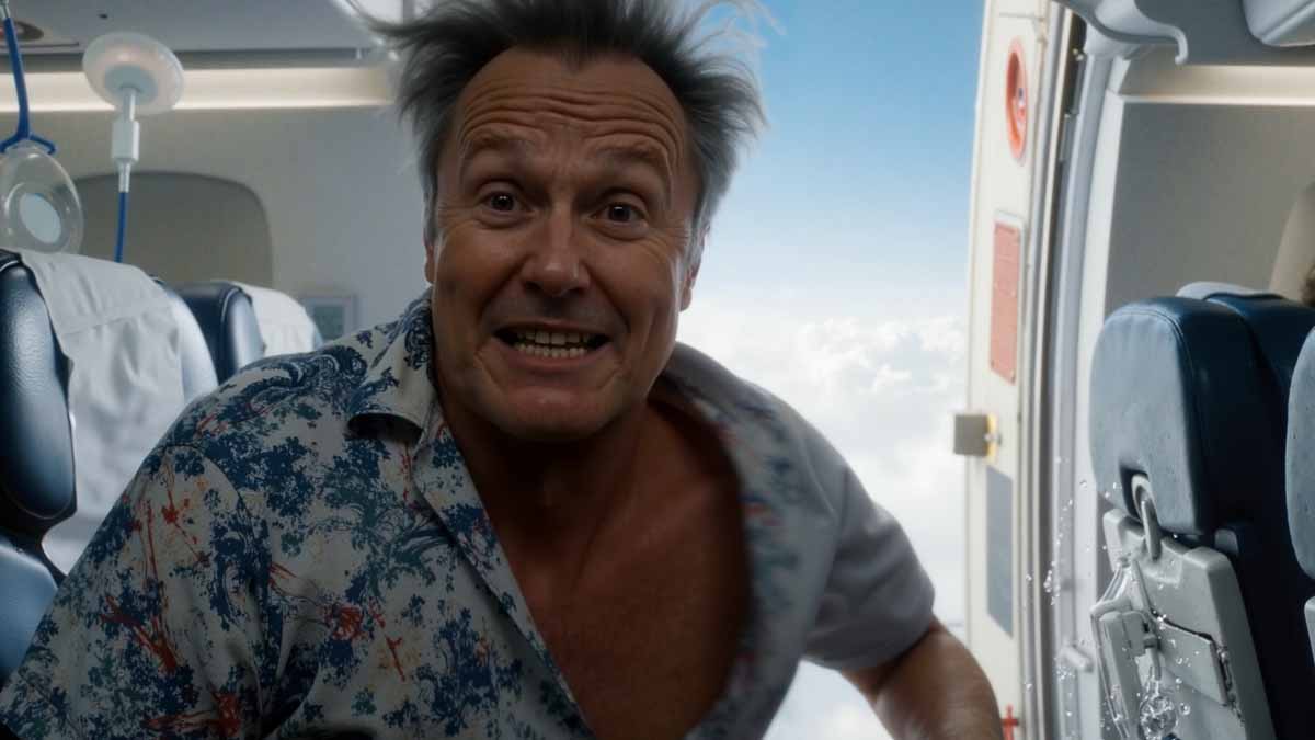 AI Generated Dead Pan Comedy commercial for VARM on an airplane