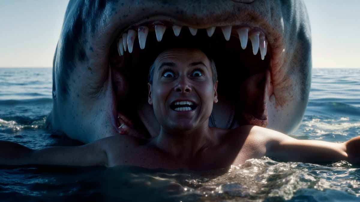 AI Generated Dead Pan Comedy commercial for VARM with a shark attack